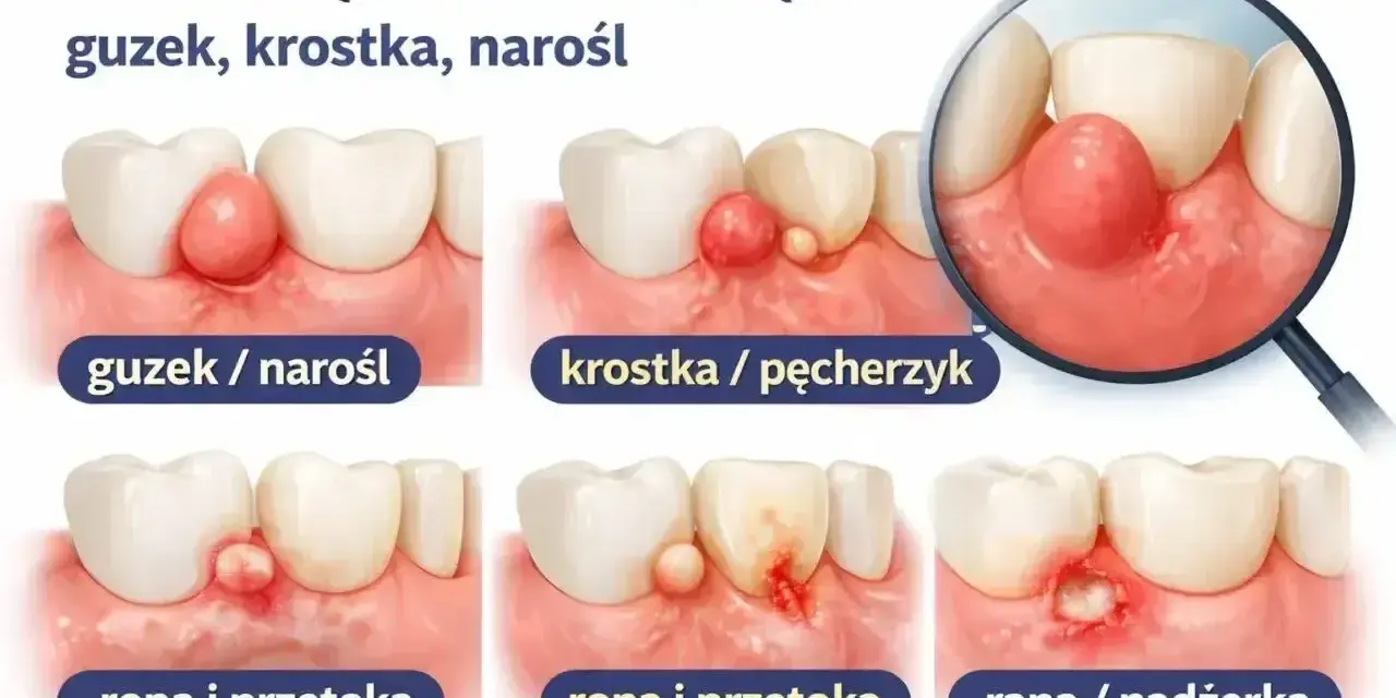 Ilustracja pokazuje zmiany na dziąśle: guzek, krostkę, ropień, z którego może być wyciągana ropa z zęba, aż do rany.