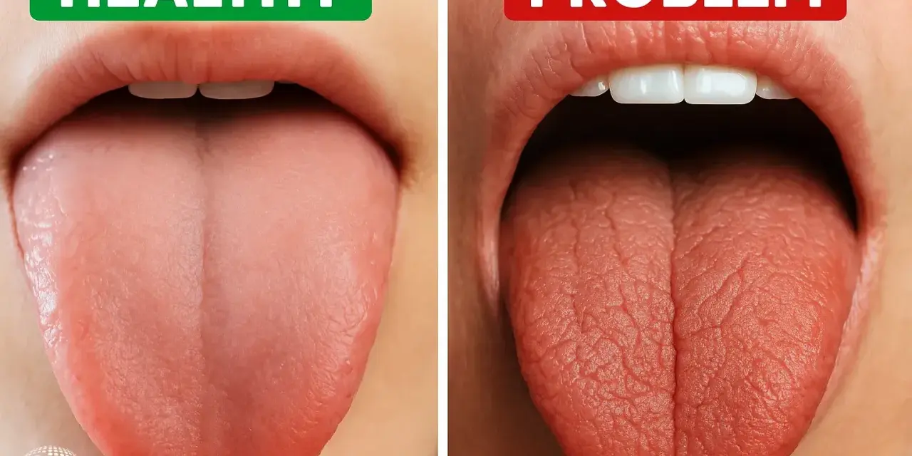 Zdrowy język vs. język z kserostomią. Suchość w ustach (kserostomia co to) objawia się zmianą wyglądu języka.