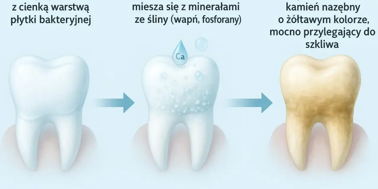 Proces powstawania kamienia nazębnego: od czystego zęba, przez płytkę nazębną mieszającą się z minerałami, aż do żółtego, twardego kamienia nazębnego.