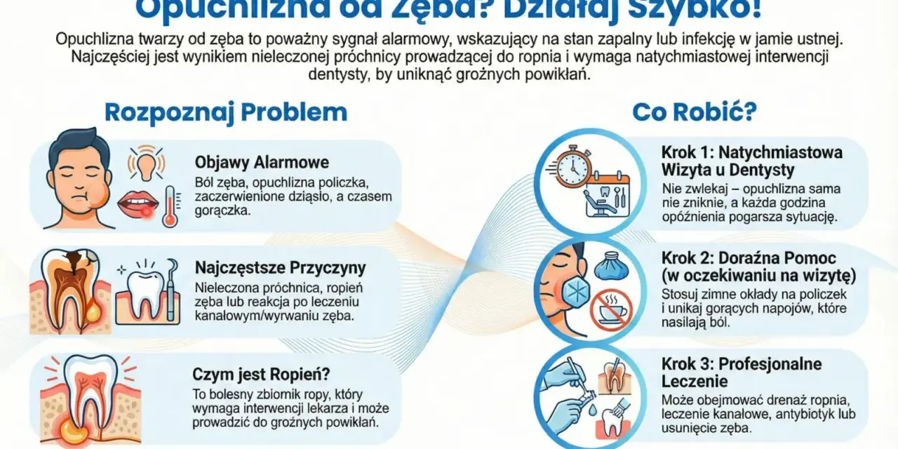 Opuchlizna twarzy od zęba to objaw zapalenia okostnej. Grafika pokazuje objawy, przyczyny i kroki postępowania, w tym wizytę u dentysty.