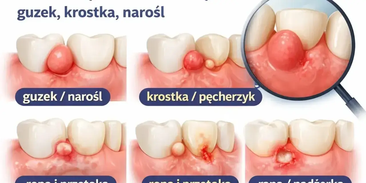 Ilustracja pokazuje różne zmiany na dziąśle: guzek, krostkę, ropień i ranę. Ból dziąsła może objawiać się na wiele sposobów.