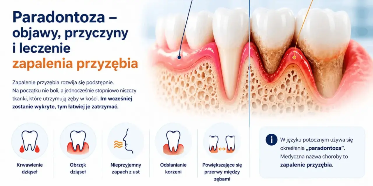 Zapalenie przyzębia: objawy to krwawienie, obrzęk dziąseł, nieprzyjemny zapach, odsłonięte korzenie i przerwy między zębami. Wczesne wykrycie kluczowe.