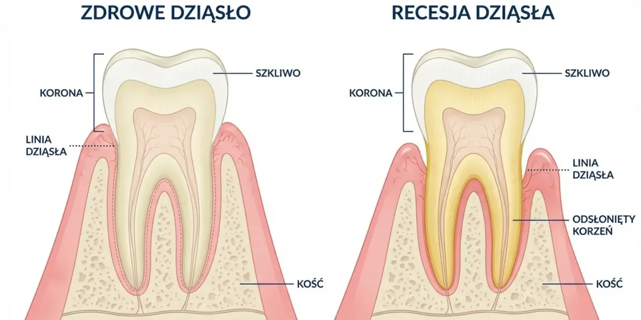 Zdrowe dziąsło vs recesja dziąsła. Pokazano odsłonięty korzeń zęba, co jest oznaką problemu, a nie dziura w zębie przy dziąśle.