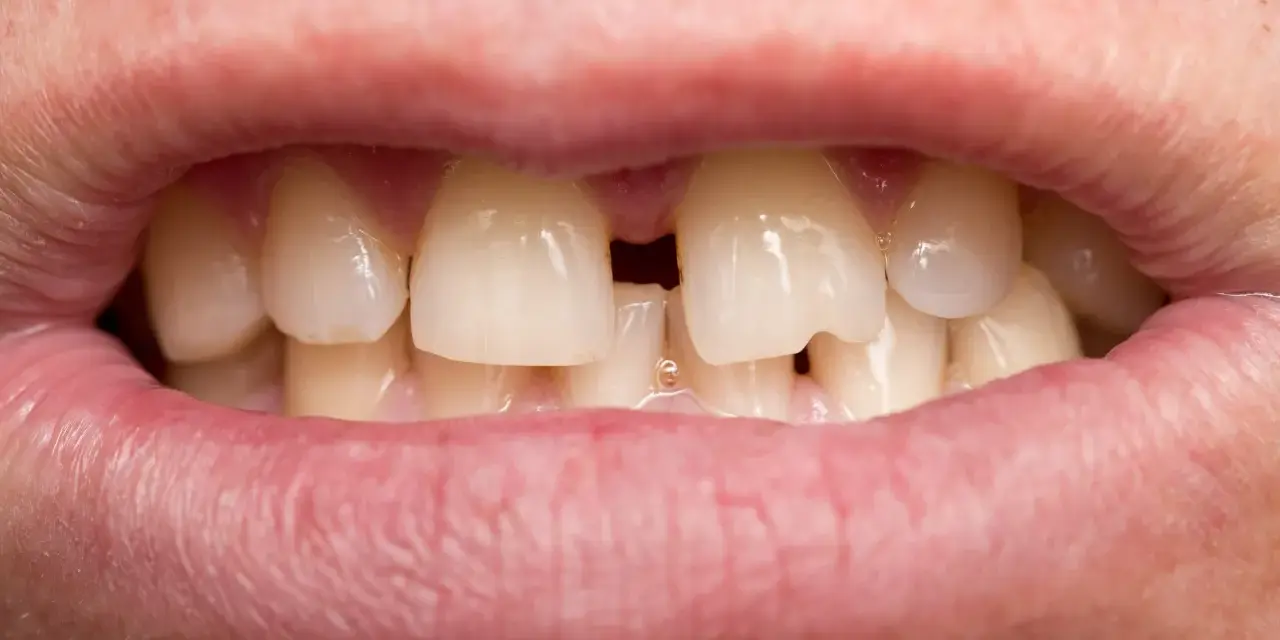 Usta z widocznymi zębami, między którymi jest duża diastema.