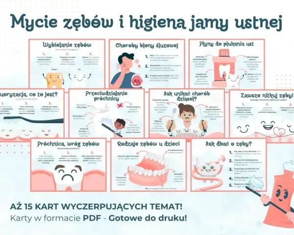 Mycie zębów i higiena jamy ustnej: ilustracje pokazują, jak dbać o zęby, zapobiegać próchnicy i chorobom dziąseł.