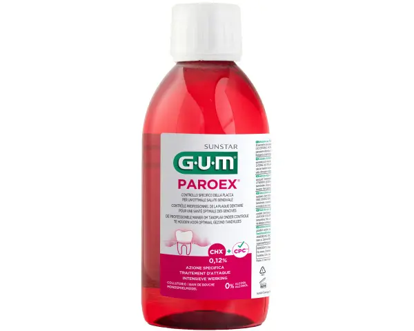 Płyn do płukania jamy ustnej GUM Paroex 0,12% z CHX+CPC, bez alkoholu, w czerwonej butelce.