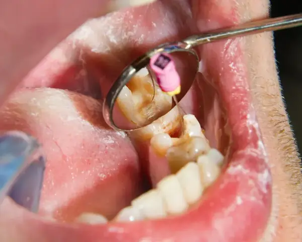 Zgorzel zęba to martwica miazgi. Widoczny ząb w lustrze dentystycznym, z narzędziem w kanale korzeniowym.