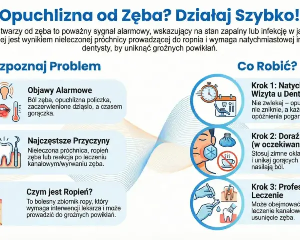 Opuchlizna twarzy od zęba to objaw zapalenia okostnej. Grafika pokazuje objawy, przyczyny i kroki postępowania, w tym wizytę u dentysty.