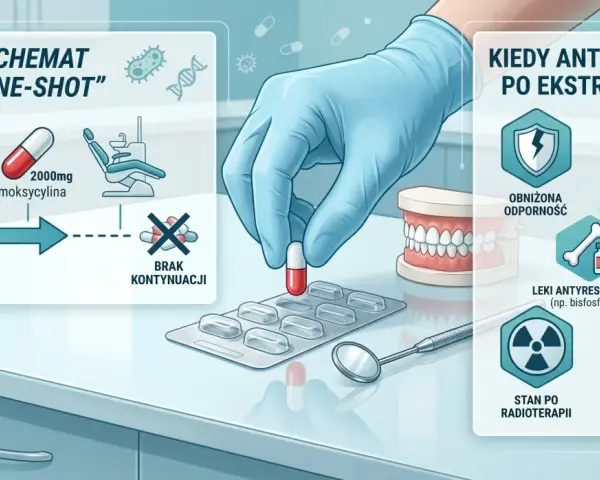 Schemat "one-shot" antybiotyk na zęby: amoksycylina 2000mg 30-60 min przed zabiegiem. Kiedy antybiotyk po ekstrakcji?