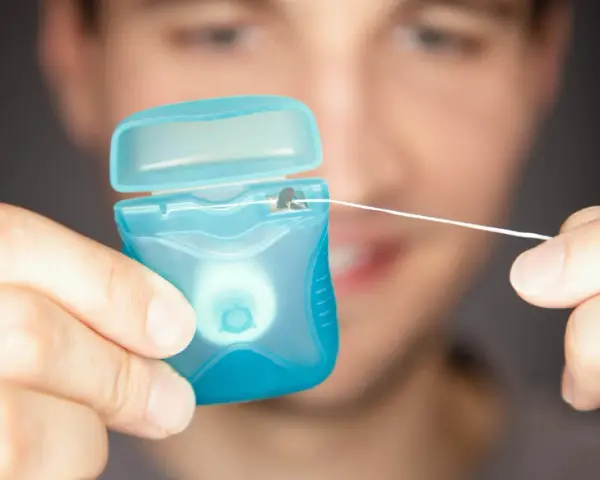 Mężczyzna trzyma niebieskie pudełko z białą nicią dentystyczną. To świetna alternatywa, co zamiast nici dentystycznej, gdy potrzebujesz czystości.