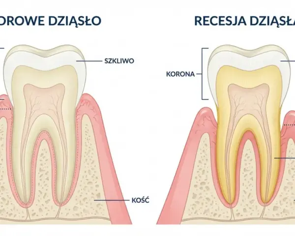 Zdrowe dziąsło vs recesja dziąsła. Pokazano odsłonięty korzeń zęba, co jest oznaką problemu, a nie dziura w zębie przy dziąśle.