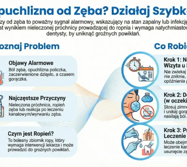 Opuchlizna twarzy od zęba to objaw zapalenia okostnej. Grafika pokazuje objawy, przyczyny i kroki postępowania, w tym wizytę u dentysty.