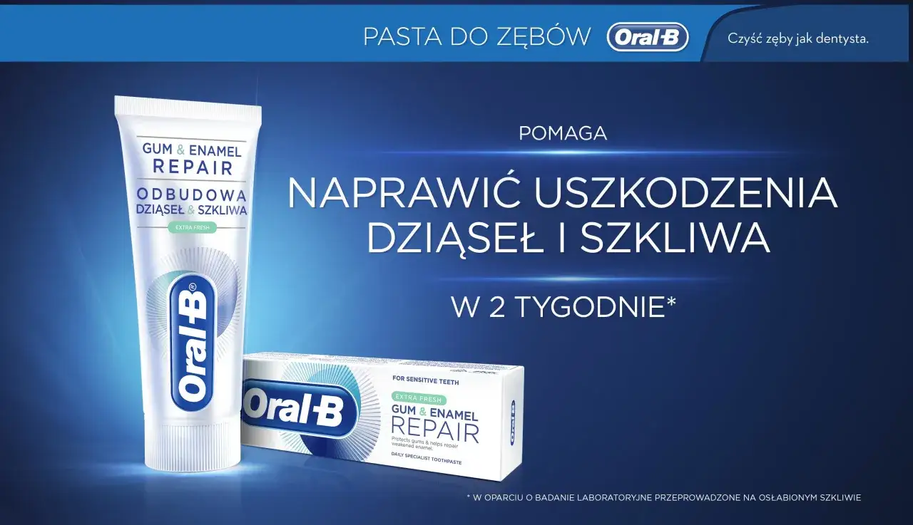 Pasta do dziąseł Oral-B Gum & Enamel Repair odbudowuje dziąsła i szkliwo w 2 tygodnie.