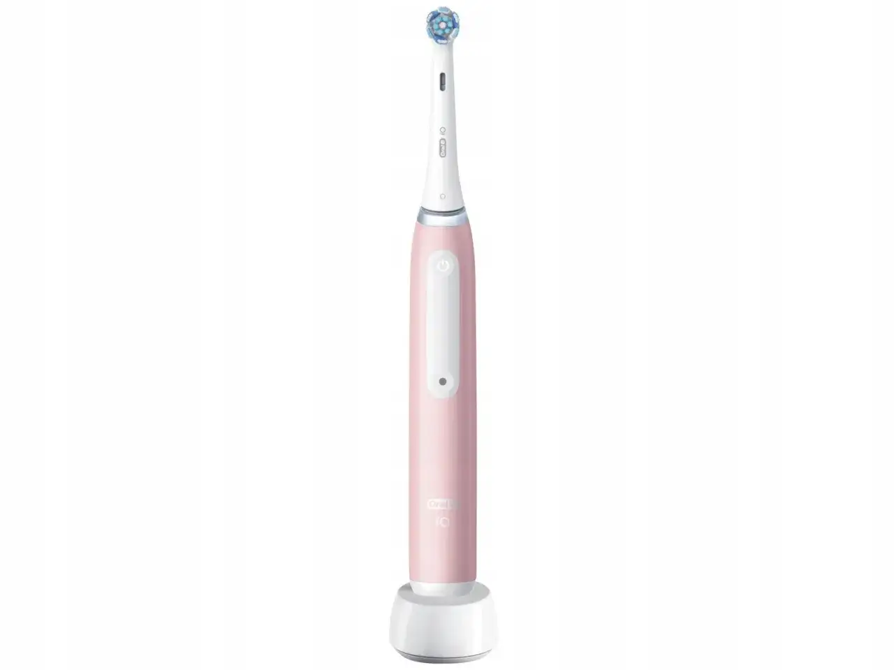 Różowa szczoteczka Oral-B iO 3 na białej ładowarce.