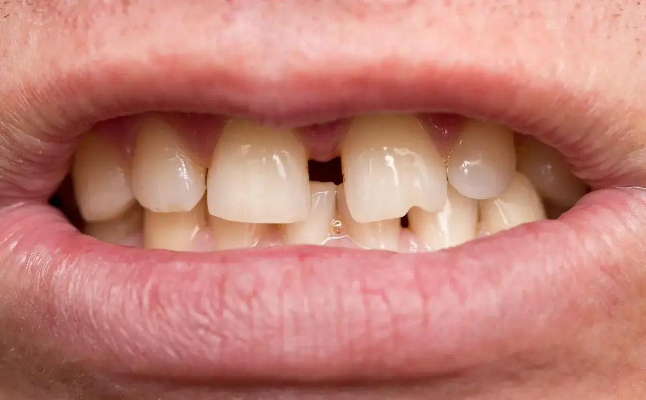 Usta z widocznymi zębami, między którymi jest duża diastema.
