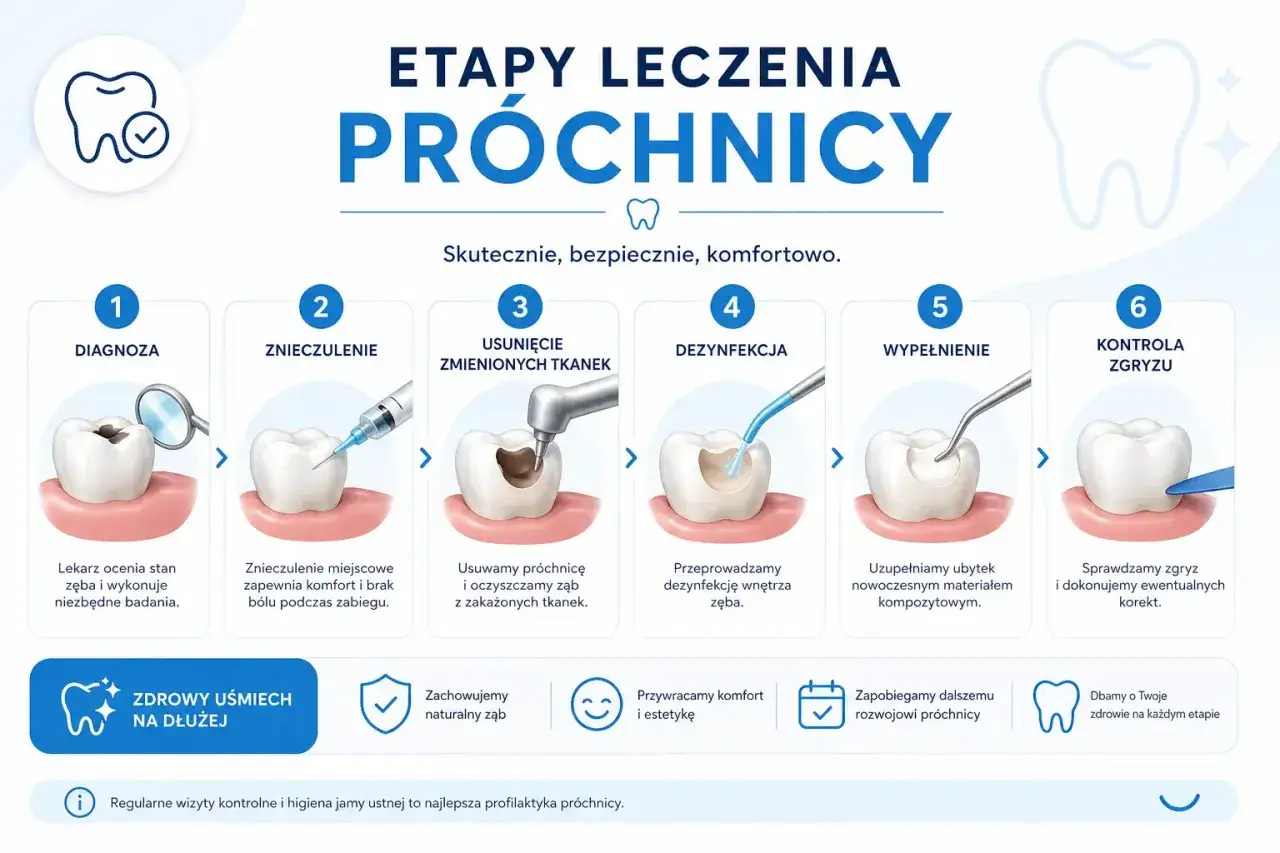 Grafika przedstawia etapy leczenia próchnicy zębów: diagnoza, znieczulenie, usunięcie tkanki, dezynfekcja, wypełnienie i kontrola zgryzu.