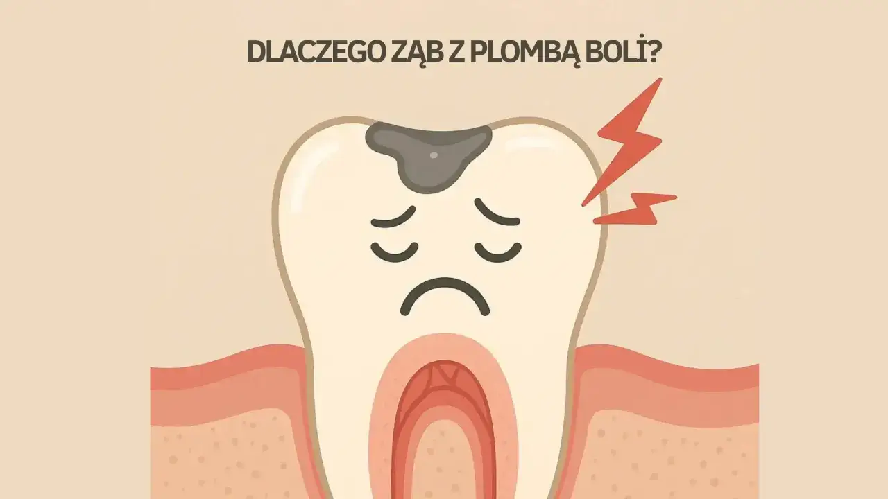 Smutny ząb z plombą i czerwonymi błyskawicami symbolizującymi ból. Ząb ma ubytek i wyraża cierpienie. Przeciążenie zęba objawy mogą być różne.