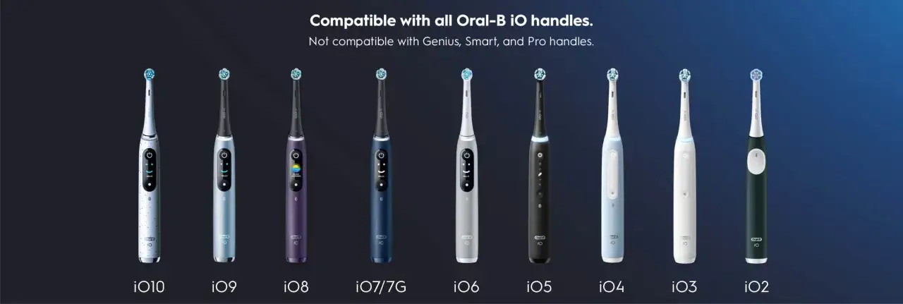 Wszystkie końcówki pasują do szczoteczek Oral-B iO. Różne modele iO, od iO10 po iO2, prezentują się obok siebie.