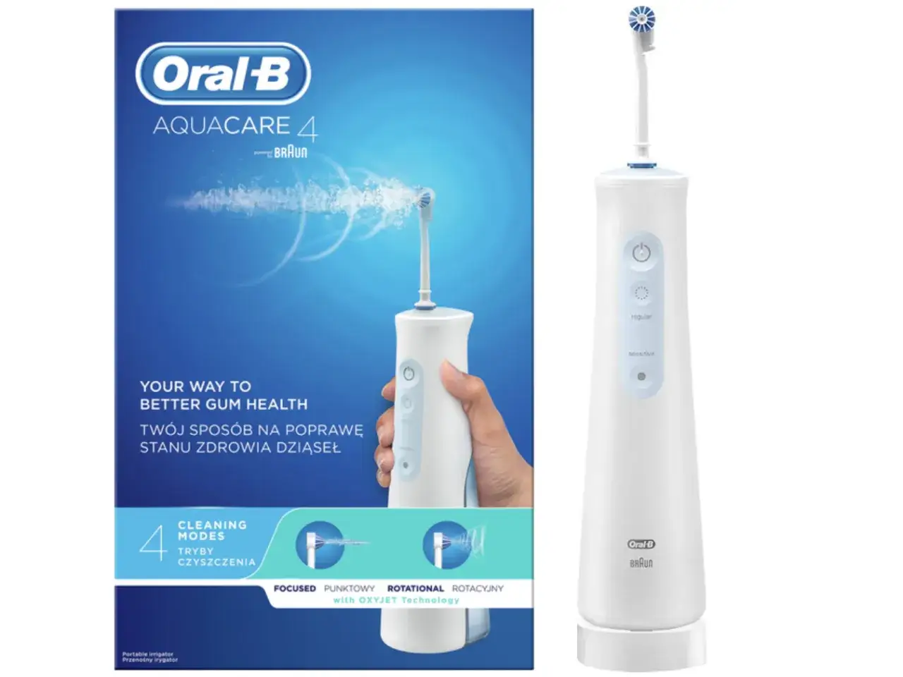 Irygator Oral-B Aquacare 4 z technologią OxyJet. Czy irygator usuwa kamień nazębny? Tak, pomaga w utrzymaniu zdrowych dziąseł.