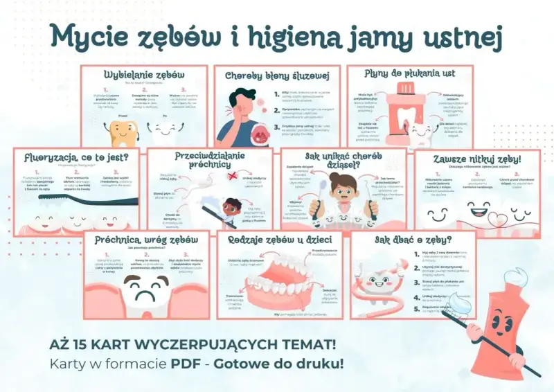 Mycie zębów i higiena jamy ustnej: ilustracje pokazują, jak dbać o zęby, zapobiegać próchnicy i chorobom dziąseł.